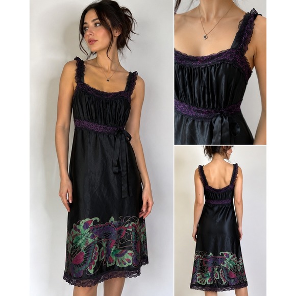 Betsey Johnson Dresses & Skirts - VTG Betsey Johnson 100% Silk Butterfly Dress Sz 6 Black Lace Trim Y2K Fairycore